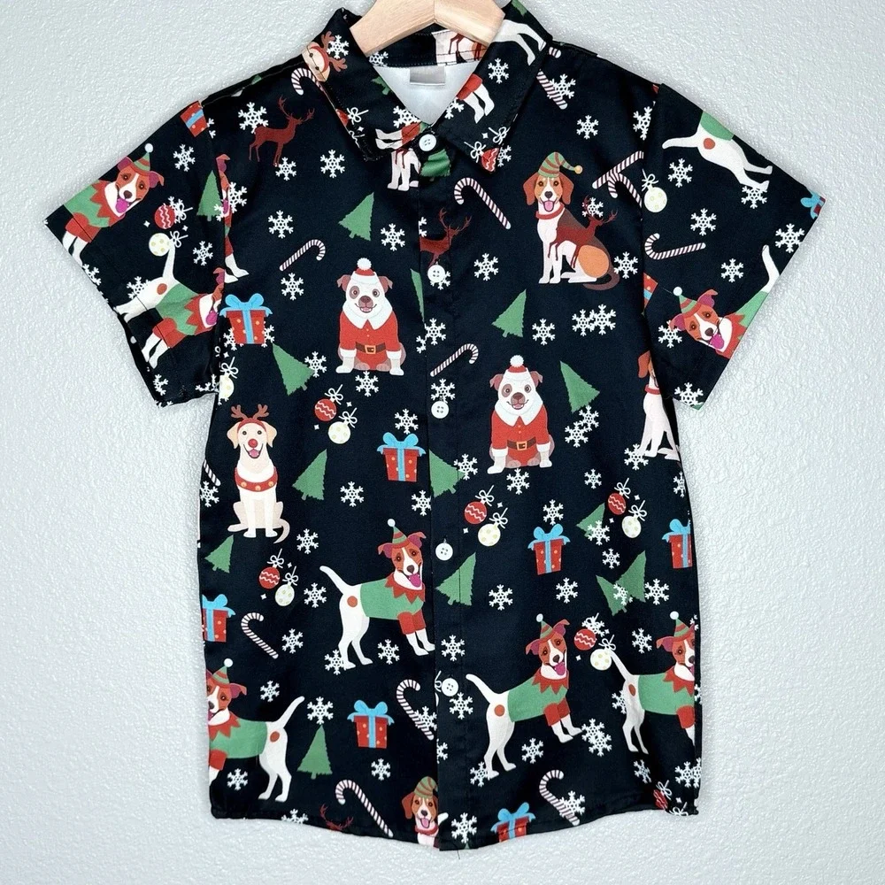 Boys Christmas Dog Button Up Shirt Youth L 10/12 Holiday Santa Reindeer Novelty